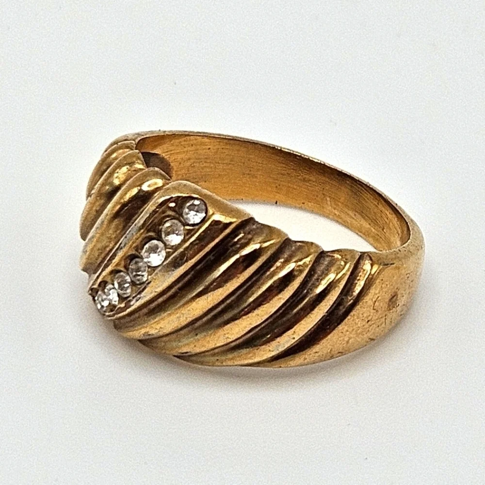 VINTAGE Gold Plated CZ Rhinestone Wave Domed Ring Size 8 Unisex